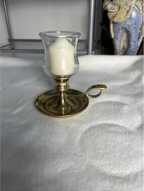 Vintage Brass Candle Holder w/Handle+ Clear Votive Candle Holder By Copper Craft